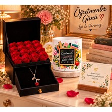 Minik Esnaf Öğretmenler Günü Hediye Seti Kırmızı Güllü Takı Kutusu Gül Kolye ve Öğretmenler Gününüz Kutlu Olsun Kupa Bardak