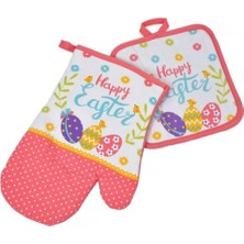 2'li Fırın Eldiveni Seti – Happy Easter Paskalya Desenli, Isıya Dayanıklı, Hediyelik Premium