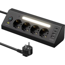 LED Işıklı Çoklu Priz Şarj Istasyonu, 2 Adet Usb, 2 Adet Type-C Girişi, 4 Adet Priz Girişi,