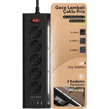 Akıllı Çoklu Priz 5'li Akım Korumalı Usb-A Usb-C Gece Işıklı 2m Kablo 16A 3680W
