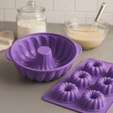 Ckm Silikon Silikon Yuvarlak Kek Kalıbı ve Figürlü 6lı Tepsi Muffin Kalıp Mor Kek Kalıbı Mor
