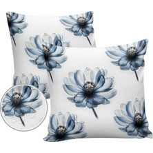 Çiçekli Dış Mekan Su Geçirmez Kırlent Kılıfları 60 x 60 cm 2'li Set, Modern Sanat Mavi Çi�
