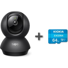 Str Store Tapo C211 2k 3mp Yatay ve Dikey Ev Güvenliği Wi-Fi Kamerası, Gece Görüşü, IP66 Su Geçirmez, Siyah Renk + 64GB Kioxia Microsd Bellek