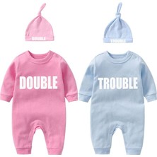 Tr Baby Twins Bodysuits Double Trouble Yenidoğan Üniseks Bebek Tulumu Şapkalı Sevimli Kıyafet