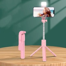 Şarjlı Teleskopik Işıklı Selfie Çubuğu Pembe Renk Bt Kumandalı Tripod Canlı Yayın Işıkl�