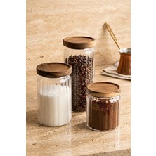 3'lü Akasya Ahşap Vakum Kapaklı Çizgili Cam Kavanoz Seti 500-700-1000 ml - Oluklu Baharat ve Kah