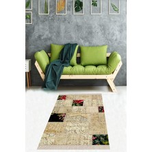 Tr Pelangi Patchwork Desenli Dijital Baskı Yıkanabilir Kaymaz Taban Etnik ve Yolluk, Bej-Kırmız�