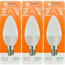 9W (70W) Beyaz Işık (6500K) E14 LED Mum Ampul, 3 Adet