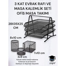 3 Kat Metal Evrak Rafı ve 3'lü Masa Kalemlik Seti, Ofis Masası Takımı, Siyah, 28X35X25 cm