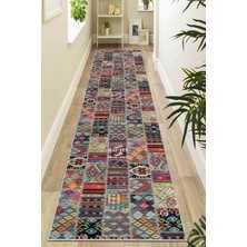 Makinede Yıkanabilir Kaymaz Tabanlı Patchwork Rulo Yolluk Halı AR980, Çok Renkli, 100 x 350