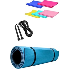 14 mm Pilates Kamp Matı Pvc Atlama Ipi Plates Egzersiz Direnç Lastiği 3^lü Pilates Seti Mavi