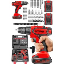 Alman Kupfer Darbeli 58 V 5 Ah Çift Akülü Vidalama Matkap Kırmızı + 24 Parça Set