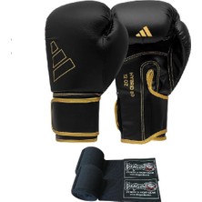 HYBRID80 Boks Eldiveni 10 Oz, Siyah-Altın, Dragondo Boks Bandajı 2'li Set, Unisex