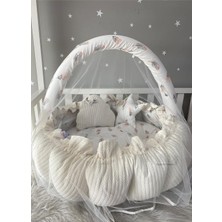 Beyaz Örgü Kumaş Açılır - Kapanır Oyun Minderi Cibinlik Aparatlı Babynest