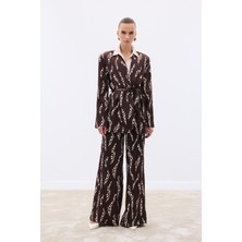 Sateen Desenli Bol Paça Pantolon - Kahve