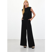 Sateen Geniş Paça Pantolon - Siyah