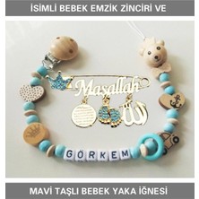 Mythriva Tr Isimli Bebek Emzik Zinciri ve Mavi Taşlı Bebek Yaka Iğnesi