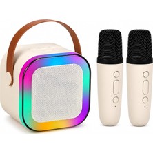 Karaoke Mikrofonu, 2 Mikrofon 1 Hoparlör, Net Pürüzsüz Ses Kalitesi, Bluetooth Bağlantılı, Rgb LED Işıklı, Şarjlı, USB Tf Type-C Girişli Ev Ofis Parti Için Bej Renk Çift Karaoke Mikrofonlu Hoparlör