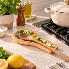 Gy Atelier Mango Ağacı Kaşıklık, 25 x 12 cm Limon Desenli Emaye Sırlı Iç Yüzeyli Kaşık Altlığı, Ahşap Kaşık ve Kepçe Dinlendirme Standı, Tezgâh Üstü Mutfak Düzenleyici