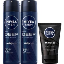 Odea Men Deep Dimension Yüz ve Sakal Temizleme Jeli, 100 Ml, Aktif Karbon Içeriği ile Cildi Arındırır + Nıvea Men Erkek Sprey Deodorant Deep Dimension 48 Saat Anti-Perspirant, 150 ml X2