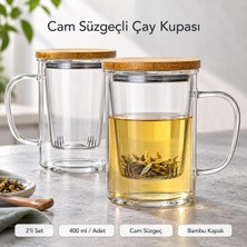 Odea 2'li Bitki Çayı Demleme Kupası 400 ml Borosilikat Cam Çıkarılabilir Süzgeçli Paslanmaz Çelik Alt Yüzeyli Bambu Kapaklı Kulplu Şeffaf Bardak Seti Ev Ofis Kahvaltı ve Kahve Sunumu Bardağı