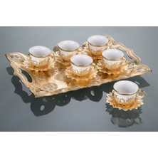 Fair Home Türk Kahvesi Fincan Takımı Lale Desenli Tepsili 6 Kişilik Metal Gold-Beyaz