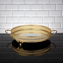 Fair Home Aynalı Tepsi Dekoratif Sunum Tepsisi Yuvarlak Inci Desenli Metal Gold 30 cm