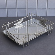 Fair Home Aynalı Tepsi Dekoratif Sunum Tepsisi Orta Boy Dikdörtgen Yaprak Gümüş 26 x 36 cm