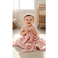 Odea Tr 4 Katlı Müslin Bebek BATTANIYESI,%100 Pamuk, Püsküllü Kenarlı, 115X100 Cm, 230 Gram, Çok Amaçlı, Havuz ve Banyo Kullanımına Uygun (Toz Pembe)