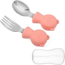 Odea Tr Çocuk Silikon Saplı Paslanmaz Çelik Uçlu Çatal ve Kaşık (304), Saklama Kutusu (Pembe)