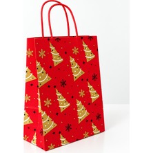 Aybaş Kağıtçılık Yılbaşı Temalı 18X8X24 cm 6 Adet Kırmızı Kraft Kağıt Çanta, Hediye Paketi, Hediye Poşeti