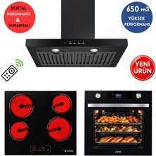 Eminçelik & Afm Marka A4 Dijital Elektr. Vitroseramik Siyah 3'lü Ankastre Set Fırın+ Ocak+Davlumbaz