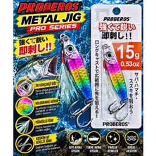 Proberos 15 gr Profesyonel Metal Jig – Gökkuşağı Hologramlı, 3D Gözlü, Çift Iğneli, Parlak Reflektörlü Balık Av Yemi