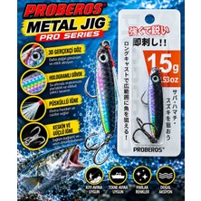 Proberos 15 gr Profesyonel Metal Jig – Siyah Gümüş Hologramlı, 3D Gözlü, Çift Iğneli, Parlak Reflektörlü Balık Av Yemi