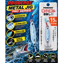 Proberos 15 gr Profesyonel Metal Jig – Buz Mavisi Gümüş Hologramlı, 3D Gözlü, Çift Iğneli, Parlak Reflektörlü Balık Av Yemi