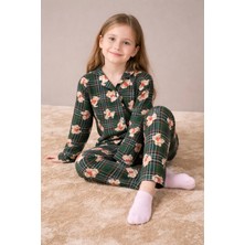 Beka Kids Yeşil Ekose Ve Ayıcık Desenli Uzun Kollu Önden Düğmeli Gömlek Yaka Kız Çocuk Mevsimik Pijama Takımı