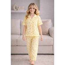 Beka Kids Kız Çocuk Önden Düğmeli Devrik Yaka Kısa Kol Uzun Pantolon Desenli Pijama Takımı