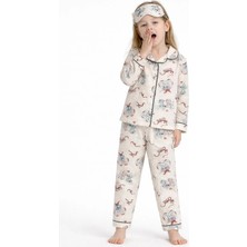 Beka Kids Ekru Desenli Uzun Kollu Önden Düğmeli Gömlek Yaka Kız Çocuk Pijama Takımı Ve Göz Bandı