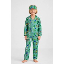 Beka Kids Desenli Uzun Kollu Önden Düğmeli Gömlek Yaka Erkek Çocuk Pijama Takımı Ve Göz Bandı