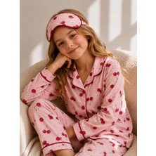 Beka Kids Desenli Uzun Kollu Önden Düğmeli Gömlek Yaka Kız Çocuk Pijama Takımı Ve Göz Bandı