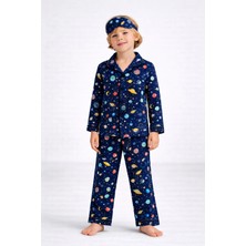Beka Kids Desenli Uzun Kollu Önden Düğmeli Gömlek Yaka Erkek Çocuk Pijama Takımı Ve Göz Bandı