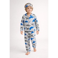 Beka Kids Desenli Uzun Kollu Önden Düğmeli Gömlek Yaka Erkek Çocuk Pijama Takımı Ve Göz Bandı