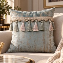 Ravello Design Su Yeşili Gold Desenli Püsküllü Dekoratif Kırlent