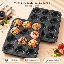 Die Grup Tr 2'li Muffin Kalıbı Seti, 12 Gözlü Yapışmaz Kaplamalı Metal Cupcake Kek Tepsisi, Mini Brownie Kurabiye Çörek Tatlı Pişirme Kabı, Yuvarlak Bölmeli Fırın Kalıpları, Pastacılık Malzemesi, Siyah