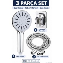 Plodna House 3 Parça Krom Duş Seti – 150 cm Spiral Duş Hortumu, Yapışkanlı Duş Askısı, El Duş Başlığı, G1/2 Uyumlu