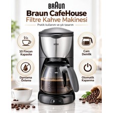 Braun KF570/1 Cafehouse Filtre Kahve Makinesi, 1100 W, 1,25 L Su Haznesi, 10 Fincan Kapasite, Optibrew Demleme, Aromacarafe Cam Sürahi, Damlama Önleme, Su Filtreleme, 40 Dakika Otomatik Kapanma, Siyah