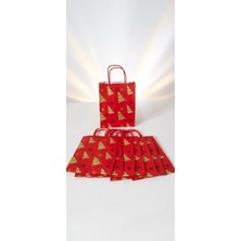 Aybaş Kağıtçılık Yılbaşı Temalı 18X8X24 cm 12 Adet Kırmızı Kraft Kağıt Çanta, Hediye Paketi, Hediye Poşeti