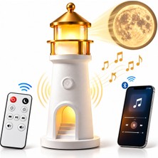 Kenly Deniz Feneri Ay Projeksiyonlu LED Gece Lambası Bluetooth Hoparlörlü Kumandalı Dimmerli 2400 Mah Şarjlı Dekoratif Masa Lambası