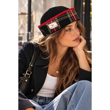 Betty Bands Kadın Sailor Hat Denizci Şapkası Siyah Ekose Desenli Bordo Biyeli Retro Vintage Şapka