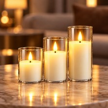CoverZone 3'lü LED Mum Seti Pilli Alevsiz Dekoratif Işıklı Mum, Gerçekçi Titrek Alev Efektli, Sıcak Sarı Işıklı, Şeffaf Cam Görünümlü Mumluk, Salon Yatak Odası Masa Dekorasyonu, N-3323